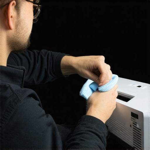 Technician carefully cleaning a projector lens with specialized tools in a modern home theater.