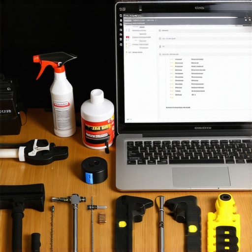 An organized collection of home theater maintenance equipment including cleaning supplies and calibration devices.