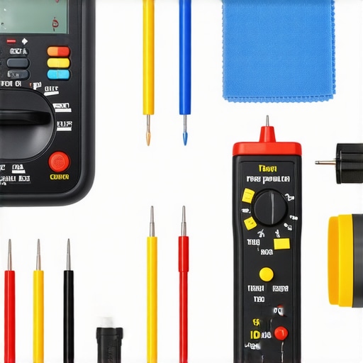 A well-organized toolkit with multimeter, infrared thermometer, and cleaning supplies for home cinema maintenance.