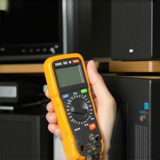 Person testing home theater electrical components with a multimeter and screwdrivers in a clean, organized media setup.