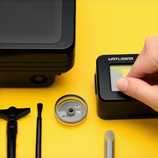 Person calibrating projector with a colorimeter and cleaning projection screen with microfiber cloth