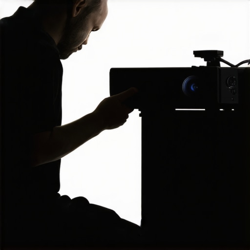 Technician fine-tuning projector placement to reduce shadows in a modern home theater