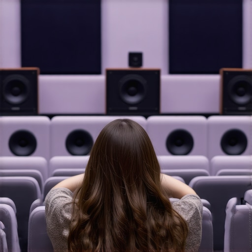 Person calibrating surround sound speakers in a cozy home theater with furniture and acoustic treatments