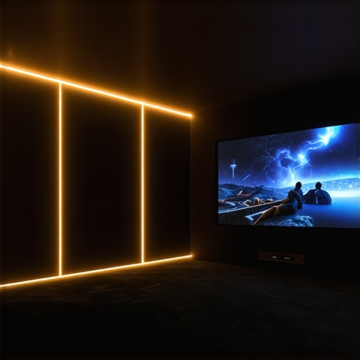 A home theater room with dynamic smart lighting reacting to movie scenes, creating an immersive atmosphere.
