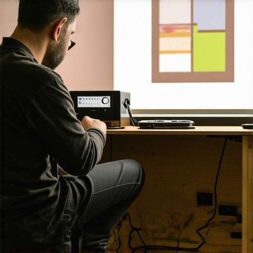 Technician adjusting a projector using test patterns and calibration tools