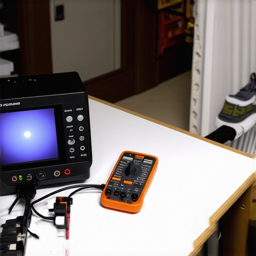 Technician calibrating projector and testing cables with professional equipment