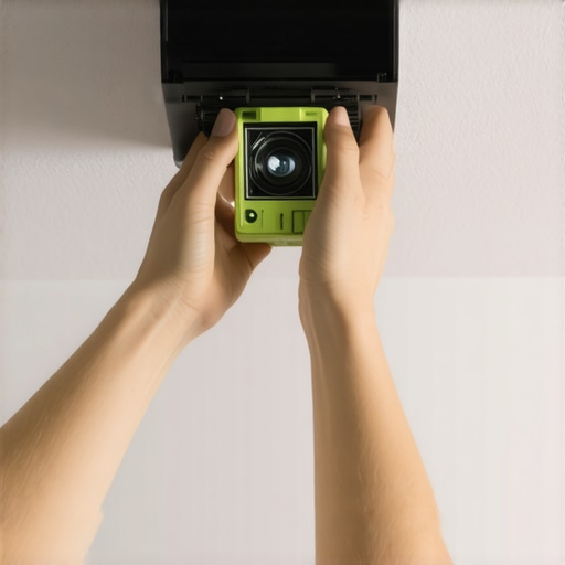 A person using a bubble level on a ceiling-mounted projector to ensure proper alignment