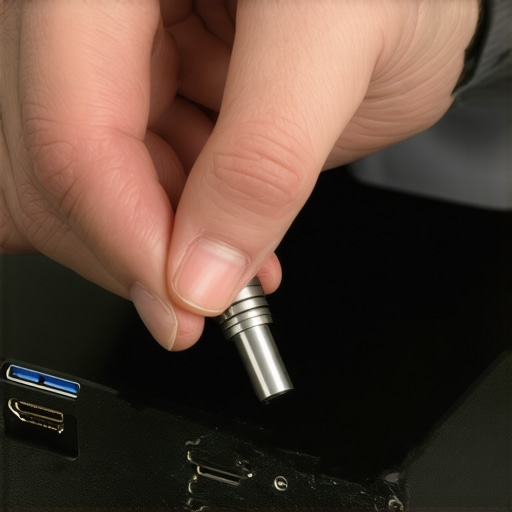 Technician applying contact cleaner to HDMI connectors in a home theater system.