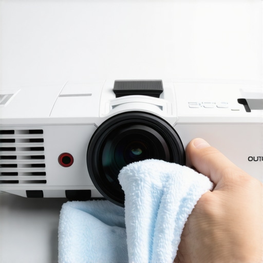 Person cleaning projector lens with microfiber cloth for optimal image quality