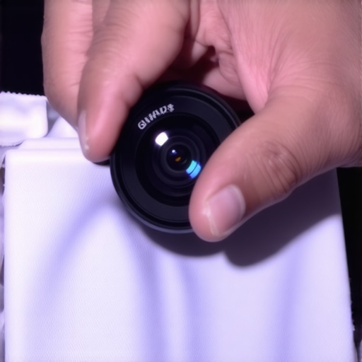 Person cleaning a home theater projector lens with microfiber cloth