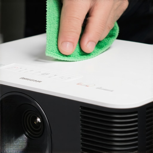 Technician carefully cleaning a projector lens in a home cinema setup