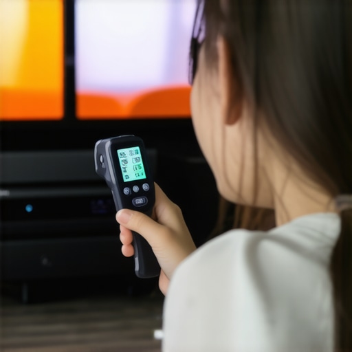 Person holding infrared thermometer pointed at home theater AV receiver to check temperature