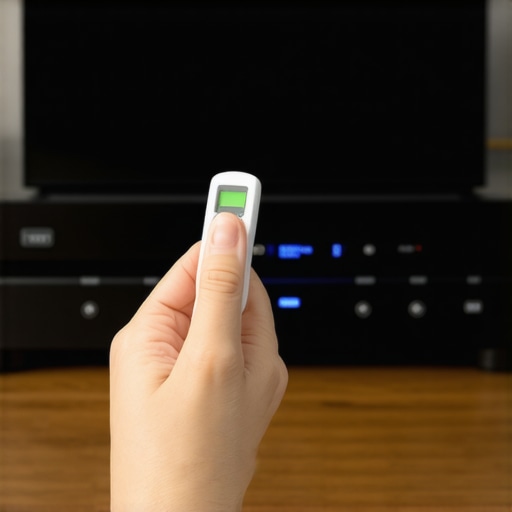 Person measuring the temperature of a home theater AV receiver with a digital infrared thermometer