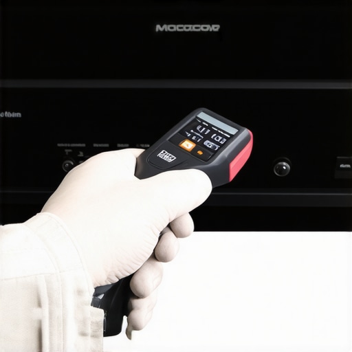Technician checking device temperature with an infrared thermometer in a home cinema setup.