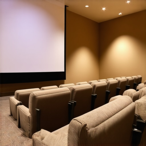 A photo of a home theater with curved seating facing a large projection screen, demonstrating strategic arrangement for best viewing experience.