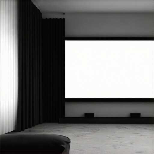 Home theater room with blackout curtains and a high-gain projector screen for daytime viewing.
