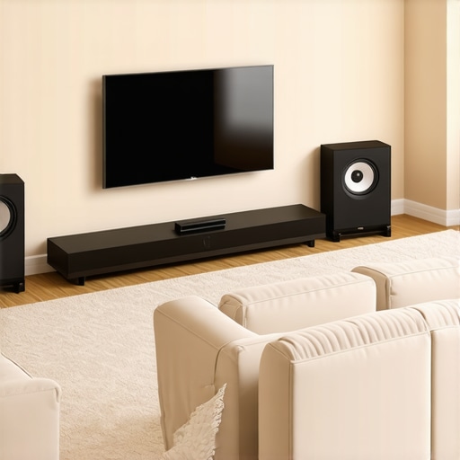 A well-positioned soundbar under a large flat-screen TV in a cozy home theater
