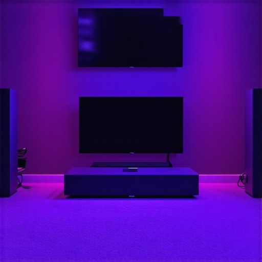 Modern home theater room with carefully placed projector, soundbar, and light management