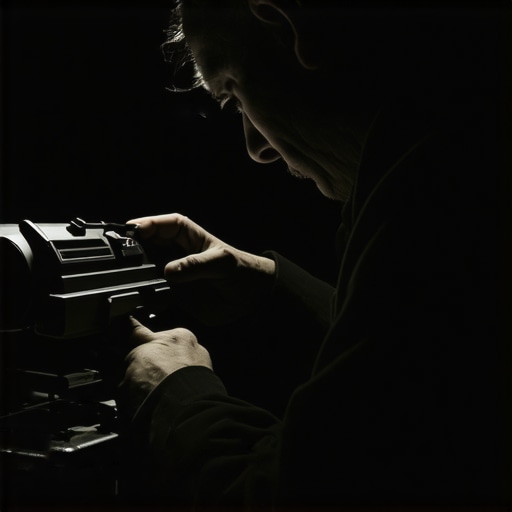Technician using calibration tools to adjust a home theater projector in a dimly lit room