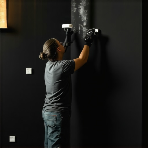 Person painting a dark gray wall in a home cinema room with painter's tape and brushes.