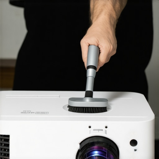 Person using a soft brush and compressed air to clean a projector lens.