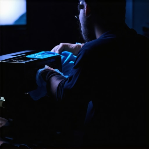 Technician cleaning projector lens with microfiber cloth to maintain clarity