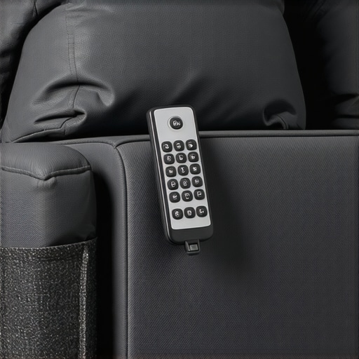 A remote control securely placed in a fabric pocket attached to the side of a power recliner, showing a neat and accessible setup.