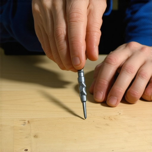 A person tightening a floorboard nail with a screwdriver in a living room with home theater setup.