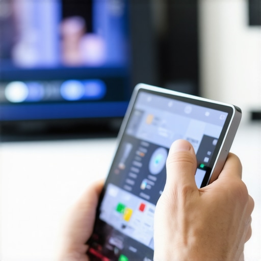 A tablet mounted on a wall controlling AV equipment in a home theater setting