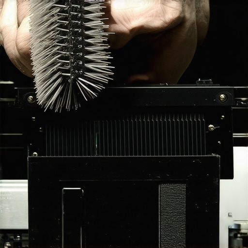 A technician gently cleaning a projector's fan with compressed air and a soft brush