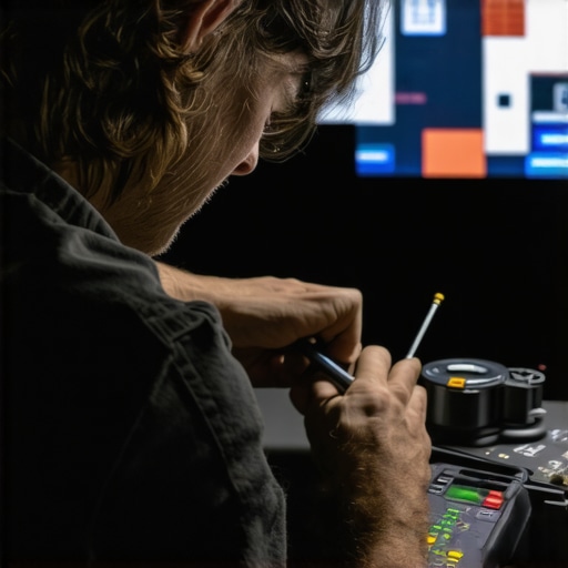 Technician testing electrical connections and cleaning projector lens in a home theater setup.