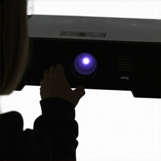 Person fine-tuning the focus ring on a home theater projector during setup.