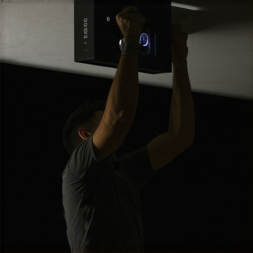 Person leveling projector mount in home theater
