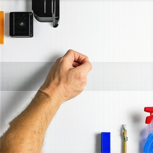 Person applying a fabric patch to a projector screen using smoothing tools