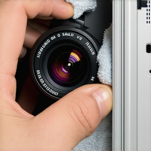 Person cleaning projector lens with microfiber cloth to prevent dust build-up