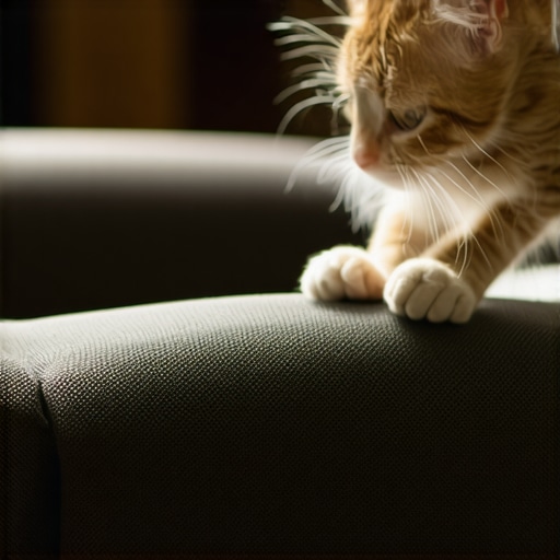 Cat scratching a fabric cover on home theater seat to protect it from claws.