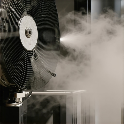 Technician using compressed air to clean dust from a projector fan.