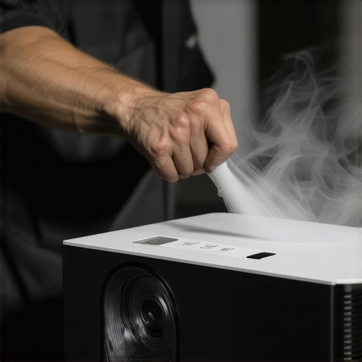 Technician using compressed air and brushes to clean a projector in a home theater setup