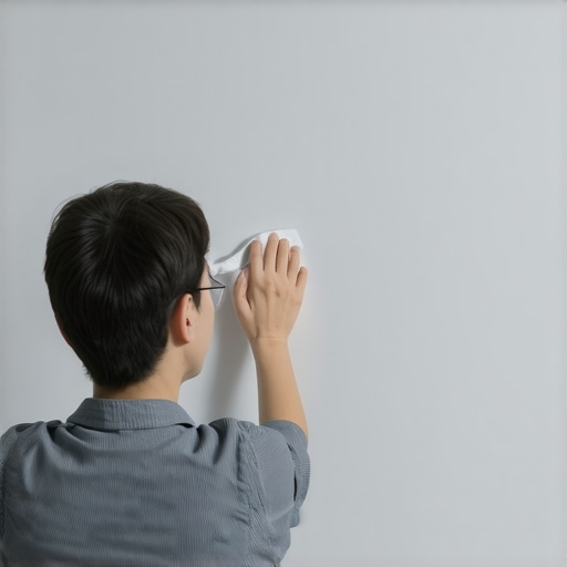 Person gently wiping a grey projection screen with microfiber cloth