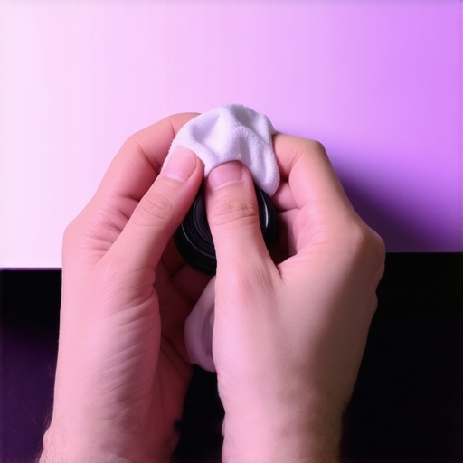 Person cleaning projector lens with microfiber cloth in a home theater