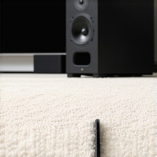 Flat speaker wire hidden beneath a plush rug in a home theater setting.