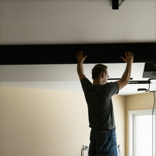 Person installing a cable channel along a vaulted ceiling to hide wires for home theater setup.