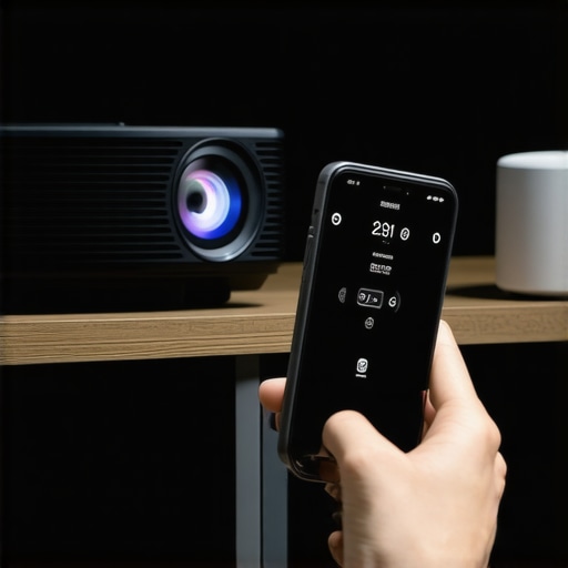 Person setting up smart home hub controls on smartphone beside a projector.
