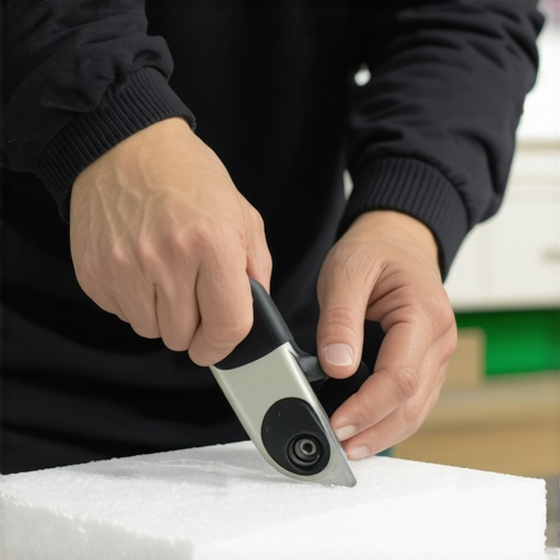 Person cutting high-density foam for refilling theater cushion