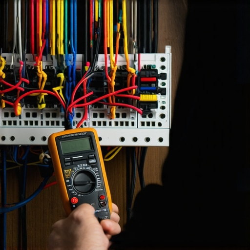 Technician using multimeter on home theater wiring to diagnose electrical grounding and power issues.