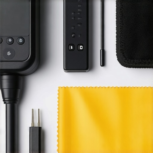 Professional home theater maintenance tools including calibration device, microfiber cloth, and power strip.