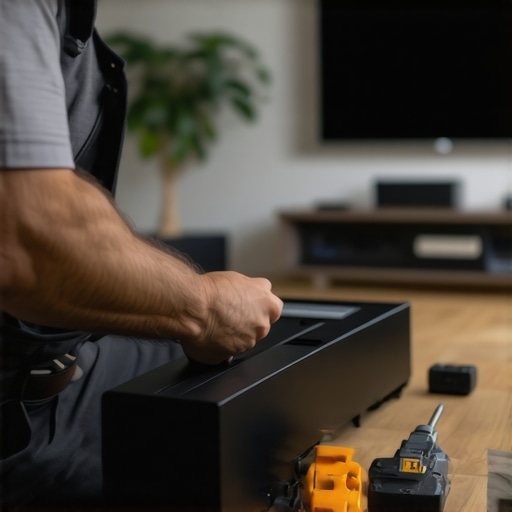 Technician using tools to inspect and maintain home cinema equipment