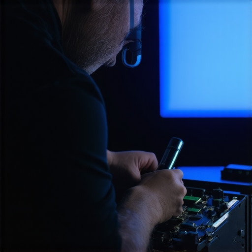 Technician using calibration tools on a home projector in a dimly lit room