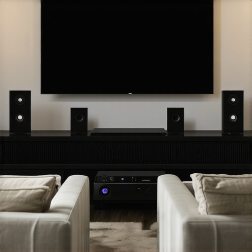 A modern, immersive home cinema with projector, large screen, surround sound speakers, and plush seating.