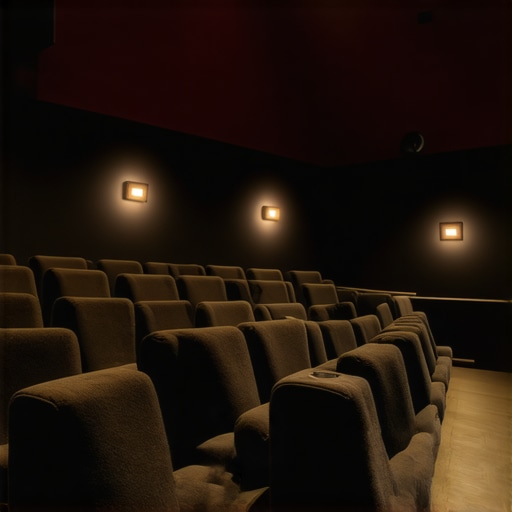 Interior view of a sophisticated home theater with projector and sound treatment